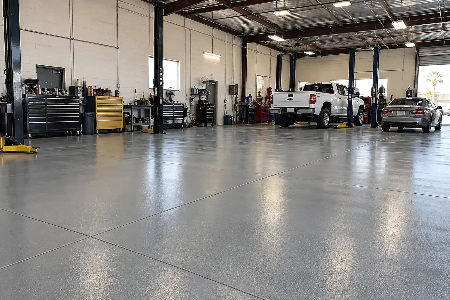 Commercial auto workshop with a glossy gray epoxy floor, lifts and two pickups