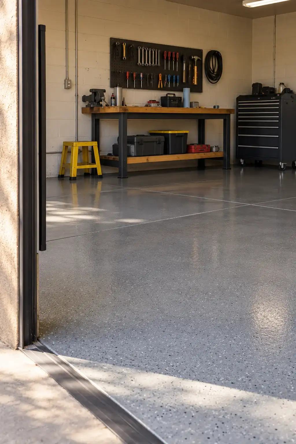 Workshop doorway looking onto a gray flake epoxy floor and a tool wall