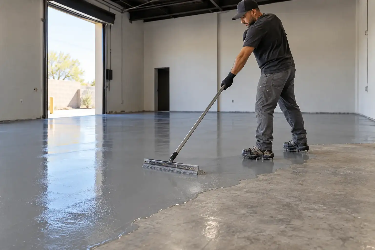 Gray epoxy base coat being spread across a bay with a squeegee